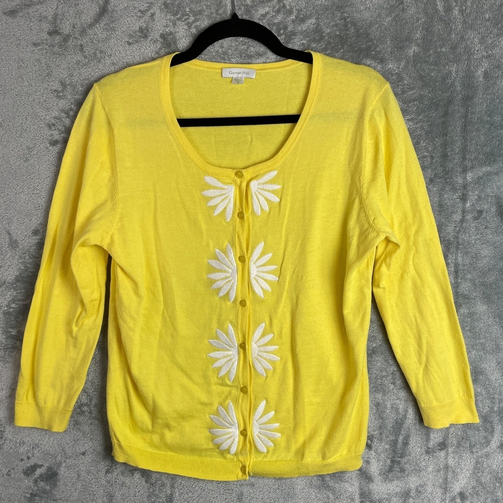 Garnet Hill Cardigan Medium M Yellow Floral Long Sleeve Knit Sweater Cottagecore